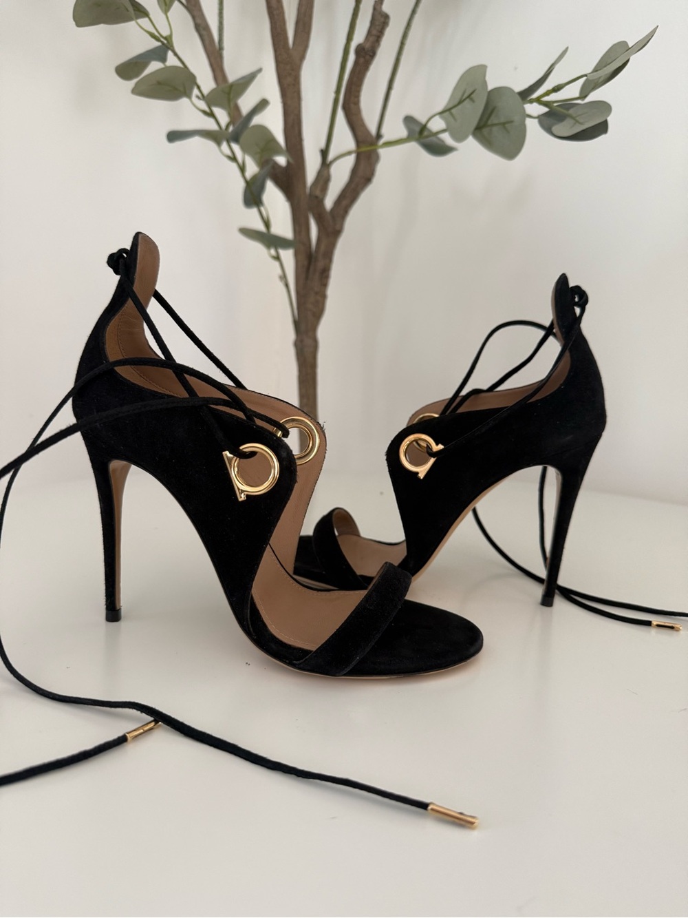 Salvatore Ferragamo Black Suede Lace-Up High Heels with Gold Hardware